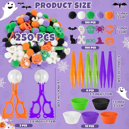 EZdhuawuse Halloween Sensory Bin Fillers - 269P Halloween Fine Motor Toys Sorting Stacking Toys for Kids, Glitter Felt Pumpkin Black Cat Hat Pom Poms for Preschool Education Early Development Activity - Image 2