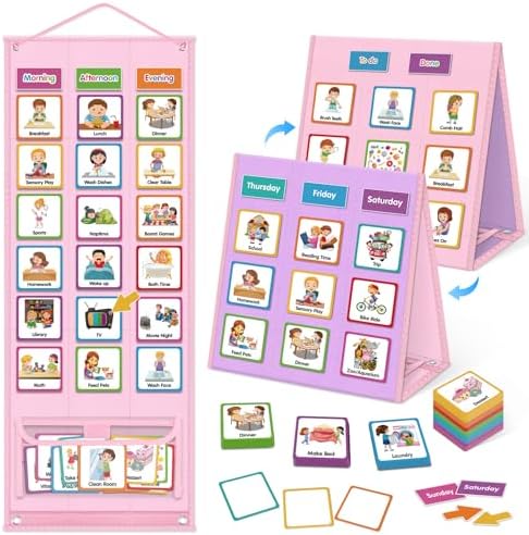 Large Visual Schedule for Kids Chore Reward Chart,Bedtime Routine Chart for Toddlers,Double Side Schedule Board with 109 Cards for Home School Planner,Autism Learning Materials (Pink) by Godery