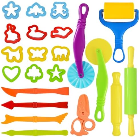 LCY WEDSHI Dough Tool Set, 22 Pcs Dough Tools Sets for Kids Ages 4-8, Dough Accessories Includes Cutters Roller, Rolling Pins, Safety Scissors, Plastic Knife, Animal Shapes Cutters by LCYWEDSHI