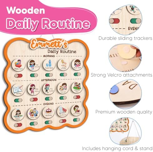 Personalized Wooden Chore Chart for Kids, Daily Routine Chart for Toddlers, Visual Schedule for Kids Age 3-5, Morning Bedtime Routine for Girls (06) - Image 6