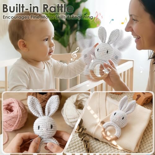 Baby Crochet Rattle Toy - Hand-Knitted Animal Bunny Teether with Soft Bell, Montessori Sensory Toy for Infants 0-36 Months, Natural Wood Teething Ring, Ideal Newborn Keepsake Gift - Image 3