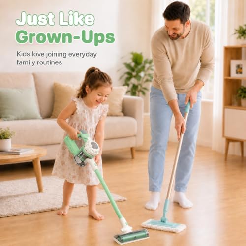 3-in-1 Kids Vacuum that Really Works - Toddler Vacuum Cleaner with Real Suction, Pretend Play Housekeeping & Cleaning Toy Set for Kids Ages 3+ (Green) - Image 4