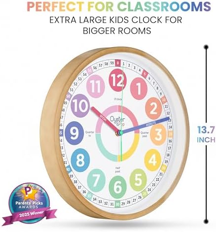 Oyster&Pop Large Pastel Kids Wall Clock - Silent 14" Analog Learning Clock - Image 3