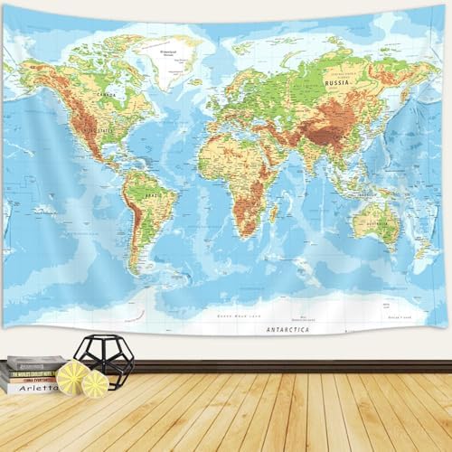 World Map Tapestry for Kids Student, World Map with Countries and Major Cities Tapestries Educational Asia Europe South City Topography America Africa Japan Wall Tapestry 60X50 Inch(Blue) - Image 2