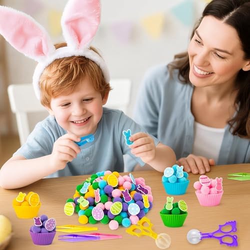 EZdhuawuse Summer Sensory Bin Fillers Toys for Kids - 268 Summer Egg Bunny Fine Motor Toys Birthday Gift, Counting Sorting Toys with Felt Egg Rabbit Pom Pom Cup Clips, Preschool Learning Activitie - Image 4