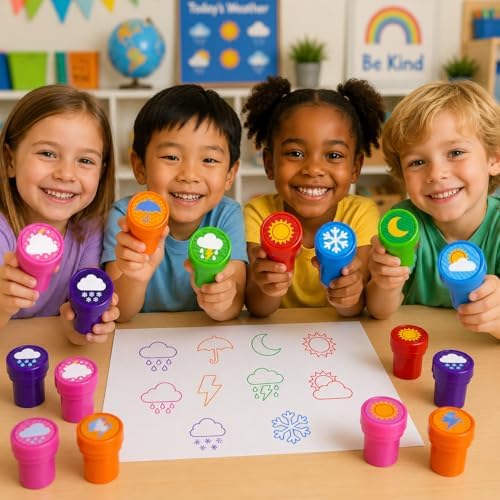 Cinrobiye 24 Pcs Weather Stampers Party Favor Set, Cute Weather Symbols Stamps for Kids Birthday Party, Classroom Rewards, Educational Learning Toys, Goody Bag Fillers - Image 7