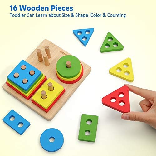Coogam Wooden Sorting Stacking Montessori Toys, Shape Color Recognition Blocks Matching Puzzle, Fine Motor Skill Educational Preschool Learning Board Game Gift for Kids - Image 2