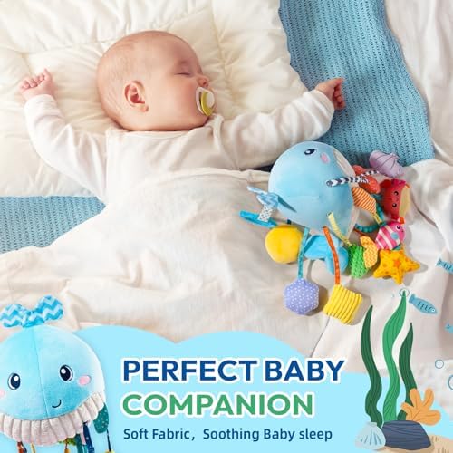 Jollybaby Activity Pull String Hanging Toy for Baby Stroller Car Seat Crib Play Gym, Plush Stuffed Ocean Whale Toy for Carseat with Teether Rattles, Montessori Sensory Toy for Baby Gift - Image 6