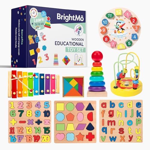 Montessori Toys for 3 Year Olds, 8-in-1 Wooden Travel Activity Set – Alphabet, Number & Shape Puzzles, Xylophone, Bead Maze – Compact Busy Box for Toddlers, Screen-Free Learning Gift Ages 3+ by BrightM%C5%8D