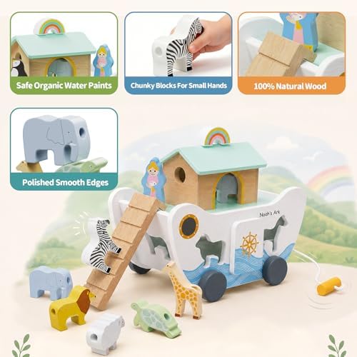 Wooden Noah's Ark Toy for Baby Boy and Girl Gift - Pull Along Toddler Montessori Educational Toy with Animal Shape Sorter Stacker for 18m+ Christmas Birthday Preschool Baptism Gift - Image 5