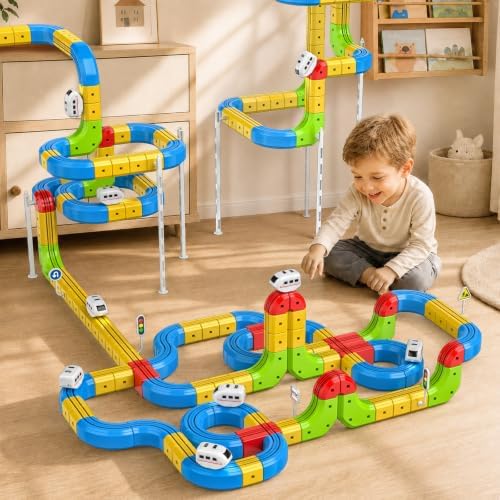 Electric Train Set for Kids Ages 4-8, 88 PCS DIY 3D Train Tracks Building Blocks, Kids' Electric Vehicles Race Car Toy, STEM Car Toys Birthday Gift for Boys Girls 3 4 5 6 7 8 9 Year Old - Image 6