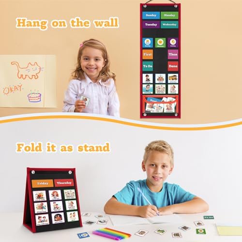 PITCOTT Visual Schedule for Kids Chore Chart，2 in 1 Daily Schedule Board Routine Pocket Chart Cards for Toddlers,Autism Learning Materials Tool Wall Planner for Home School with 103 Cards （Black） - Image 6