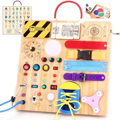 23-in-1 Montessori Busy Board with LED Lights Educational Wooden Activity Toy for Toddlers Ages 1-3, Travel Sensory Board with Switches Locks Music Box Fine Motor Skills Learning Toy for Boys Girls by Hoarosall