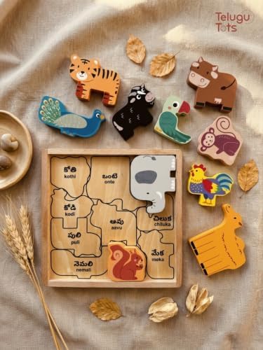 Little Roots Play Set – 3-in-1 Wooden Telugu Heritage Toy Box for Toddlers 18M+ – Telugu Alphabet Puzzle, Animal Puzzle & Elephant Pull Toy – Montessori Bilingual Gift Set - Image 6