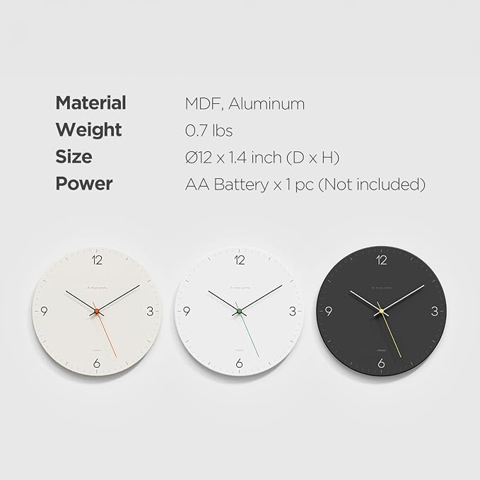 mooas Flatwood Wall Clock,12" Non-Ticking Sweep Movement (Simple White) - Image 8