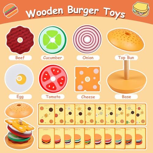 Wooden Burger Stacking Toys Montessori Toys For Toddlers Preschool Education Activity Board Game Early-Education Matching Speed Race Pretend Toy Food Back To School (Burger) - Image 2
