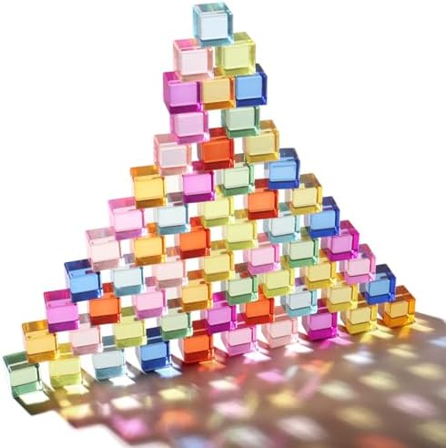Dinhon 60 Pcs Acrylic Blocks - 10 Colors Rainbow Gem Blocks, 2.5x2.5cm Crystal Cubes Stacking Rainbow Toy for 1-5 Years Old, Light Table Blocks Birthday Gift by Dinhon
