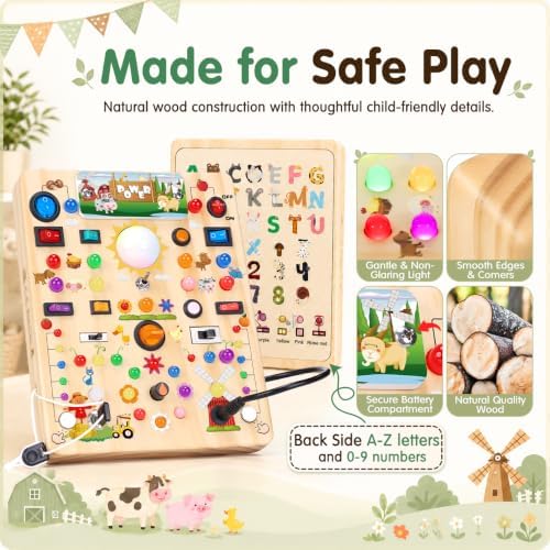 HarVow Busy Board with LED Light Switches, Montessori Toys for 1 2 3 Years Old, Toddlers Wooden Toy Sensory Activity Board, Travel Toys for 1+ Year Old Boy & Girl Birthday Gift (Farm 19 Switches) - Image 4