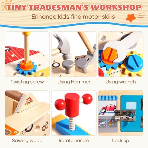 Wooden Toddler Tool Bench with Construction Tools, Screws, Gears & Latches - Image 3
