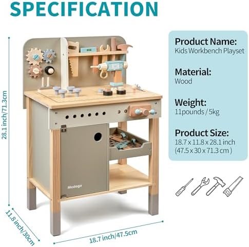 medoga Kids Tool Bench,Wooden Play Tools Set with Kids Tool Belt Workbench Pretend Construction Tools Set Wooden Toy Drill Gift for Boys & Girls Age 3-12 - Image 6