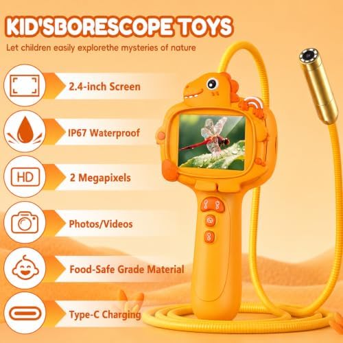 Kids Borescope Camera with Light-STEM Science Educational Toy for 3 4 5 6 7 8 Years Old Boys & Girls Birthday Gift-Discovery & Exploration Flexible Snake Scope Battery (Orange Dinosaur) - Image 2