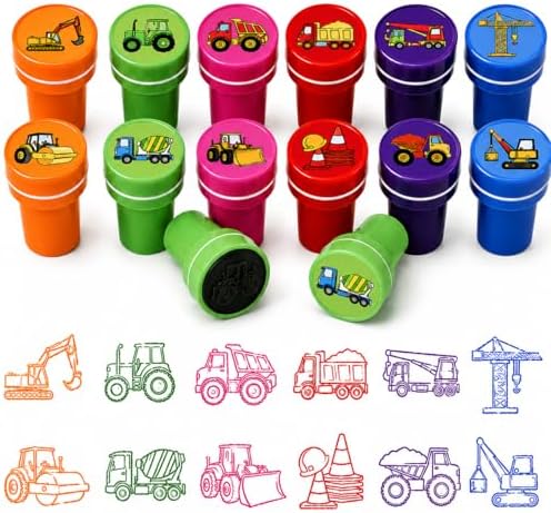 Cinrobiye 24 Pcs Construction Vehicle Stampers Party Favor Set, Cute Building Truck Stamps for Kids Birthday Party, Classroom Rewards, Carnival Prizes, Goody Bag Fillers, Themed Party Supplies by Cinrobiye