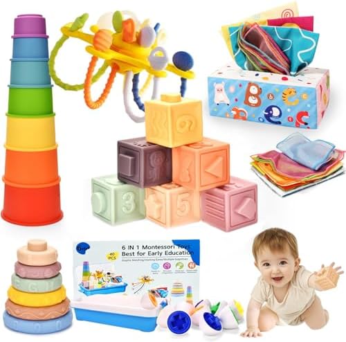 Baby Toys 6-12 Months,6-in-1 Montessori Toys for 6-9-12 Month old,Sensory Teething Toys Stacking Cups Building Blocks,Teething Pull String,Tissue Box Toys for Babies 6-12,18-24 Months Baby Gifts by Dazhshun