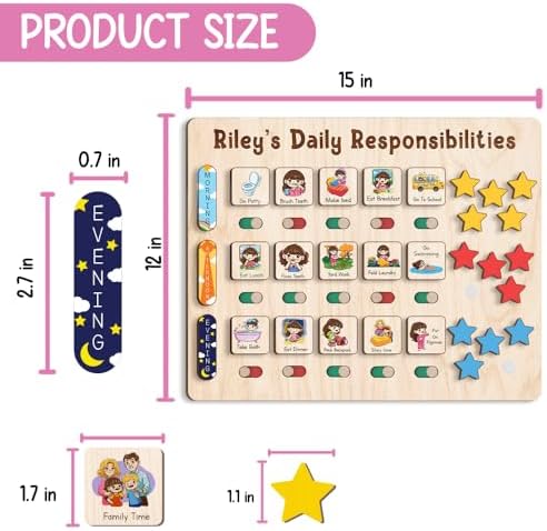 TinyKidz Large Daily Responsibilities for Toddlers 12x15", Wooden Daily Routine with Star Reward, Wooden Routine Chart for Kids - Image 2