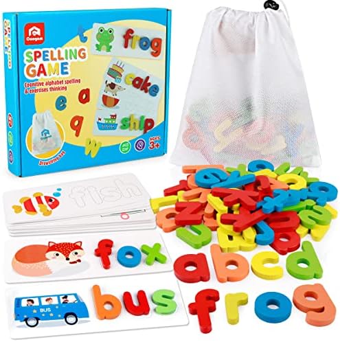 Coogam Read Spelling Learning Toy, Wooden Alphabet Flash Cards Matching Sight Words ABC Letters Recognition Game Preschool Educational Tool Set for 3 4 5 Years Old Girls and Boys Kids by Coogam