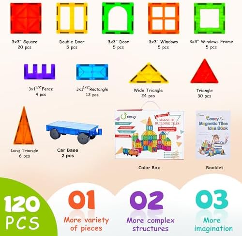 cossy 120Pcs Magnetic Tiles Magnetic 3D Building Blocks Set, Construction Toys for 3 4 5 6 7 8 Year Old Boy and Girl with Stronger Magnets, Educational Toys, Recreational, Conventional - Image 6