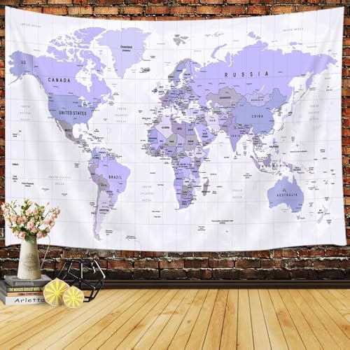 JAWO Tapestry for Kids Student, with Countries and Major Cities Tapestries Educational Asia Europe South City Topography America Africa Japan Wall Tapestry 60X40 Inch(Purple) by JAWO