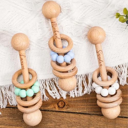 Personalized Wooden Baby Rattle - Engraved Beech Wood Ring Grip Toy, Newborn Shower Gift - Image 2