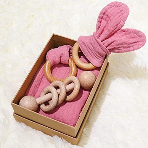 Baby Lovey, Wood Rattle, 3 Pack Montessori Gift, Coral Pink, Cotton, Double Gauze, Baby Girl Shower Gift by TANOFAR