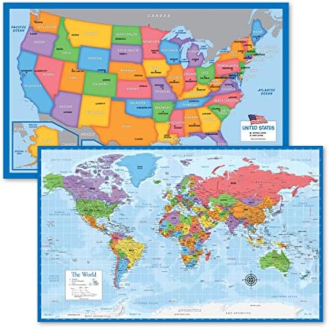 2 Pack - USA Map for Kids + Blue Ocean World Map (LAMINATED, 18" x 29") by Palace+Learning