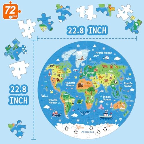 72 Piece World Map Jigsaw Puzzle for Kids 3-5, 4-6 Globe Round Floor Puzzles Geography Educational Birthday Gifts Learning Resource Educational Montessori Toys (World Map) - Image 2