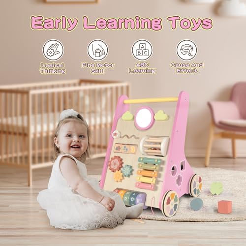 LOL-FUN Wooden Baby Walker for Girl 12 Months Baby Push Walker Pink Toy - Image 4