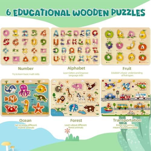 Wooden Peg Puzzles for Toddlers 2-4, 6 Pack Educational Peg Puzzles Montessori Toys, Learning Puzzles for Kids Girs Boys 1-3 3-5 with Alphabet Number Animal Vehicle Shape - Image 2