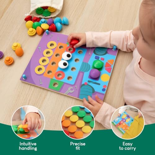 BONNYCO Button Art Toy with 50 Templates and 32 Buttons. Color Matching Peg Board for Kids, Montessori Toys for 2 Year Old, Wooden Puzzle for Toddlers 1-3, Baby Learning Games, Stem Educational Gift - Image 5