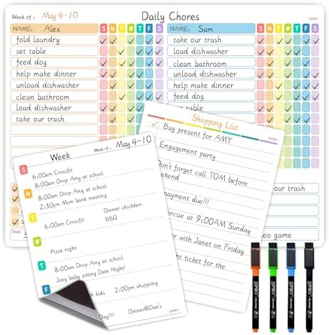 JJPRO Magnetic Chore Chart for Kids Multiple Kids, Adults-Behavior Reward Chore Chart for Fridge Weekly Menu Planner and to Do List for Fridge with 4 Markers by JJPRO