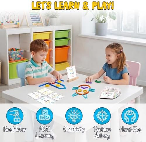 182pcs Wooden Montessori Smart Sticks and Rings Puzzle Game for Kids, Wooden Pattern Blocks Learning Set with 50+ Double-Sided Cards, A-Z Alphabet Cards, Fine Motor STEM Toy for Ages 3+ - Image 5