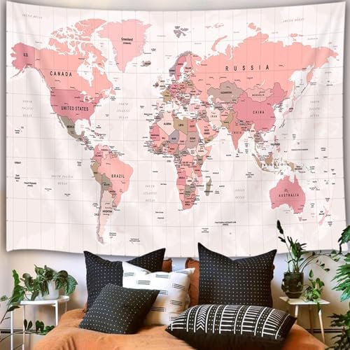 World Map Wall Art for Kids, Educational Tapestry with Countries and Major Cities, Asia, Europe, South America, Africa, Japan - 60x50 Inch (Mauve) - Image 2