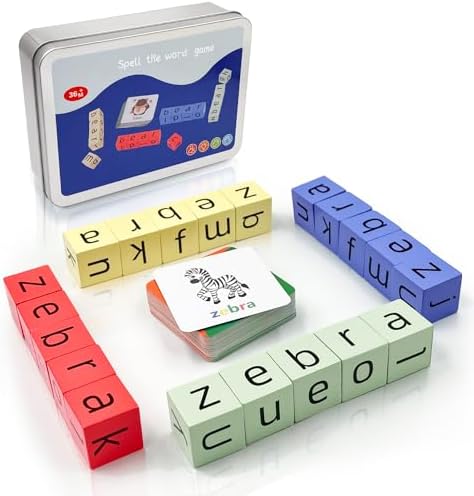 Wooden Blocks Spelling Game, Matching Letter Game for Kids Ages 3-8, Kindergarten Educational Sight Words Flash Cards Learning Toy, Preschool Montessori ABC Alphabet Crossword Puzzle by UPJAYEEK