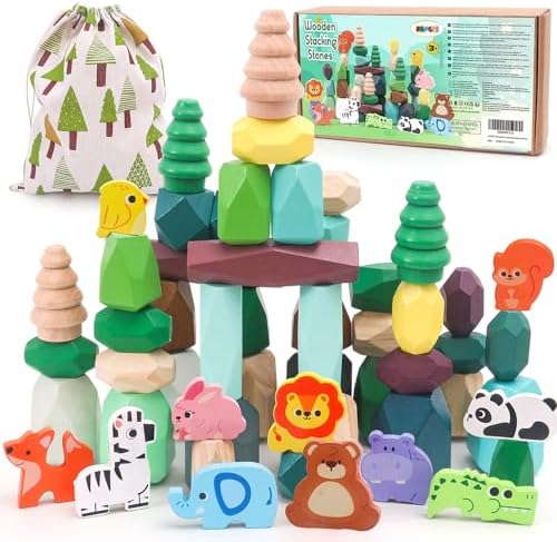 HAPGFS 51 PCS Wooden Stacking Rocks Toys Set for Kids Educational Stacking Blocks Building Blocks for Toddlers 1-3 Forest Theme Montessori Toys Creative Stacking Game for Children by HAPGFS