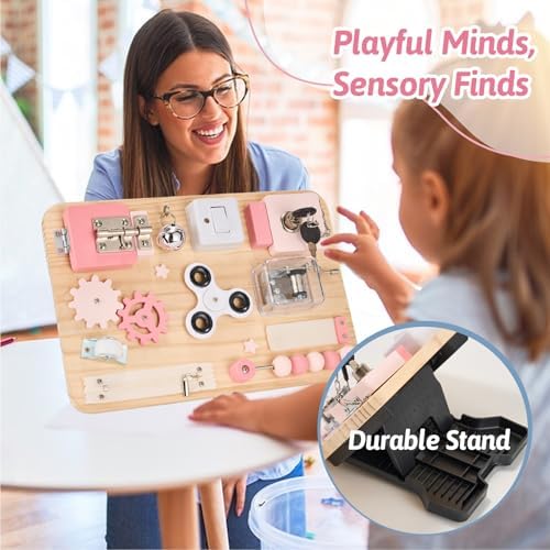 Potatomato Pink Montessori Wooden Busy Board – Sensory Toy for Toddlers – Educational Activity Board for Kids Fine Motor Skills– Travel Fidget Toy for Girls & Boys – Birthday Gift for Autism & ADHD - Image 6