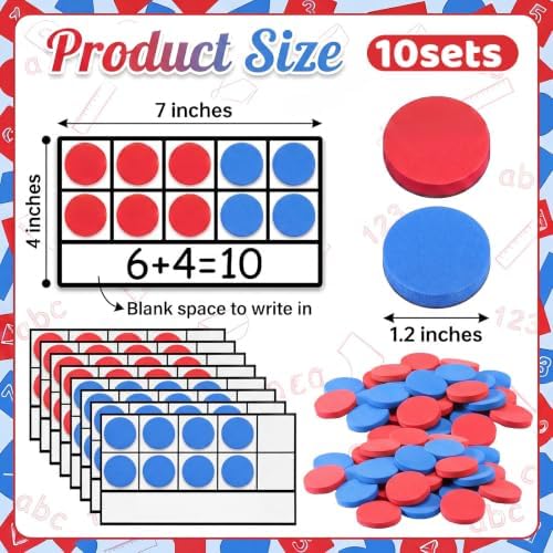 Ireer 10 Sets Bulk Magnetic Ten Frames for Classroom 100 Magnetic Math Counters and 10 Boards Kindergarten Classroom Must Haves Math Manipulatives for Home Prek Preschool Elementary(Red Blue) - Image 2