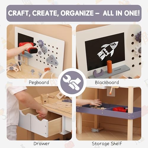 Wooden Tool Bench for Kids with Electric Drill, Drawers & Lower Shelf - Image 2
