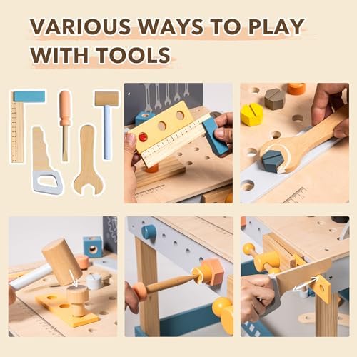 ROBUD Wooden Tool Workbench for Kids with Toy Tools Set, Blue - Image 4