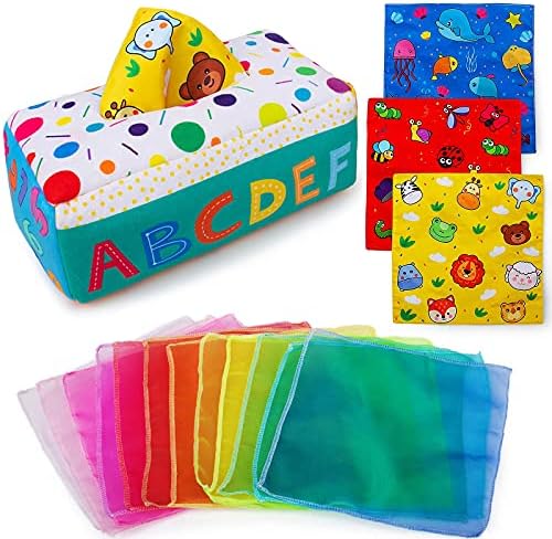 teytoy My First Baby Tissue Box, Soft Stuffed High Contrast Crinkle Montessori Square Sensory Toys Juggling Rainbow Dance Scarves for Toddler, Infants, Newborns and Kids Educational Preschool Learning by teytoy