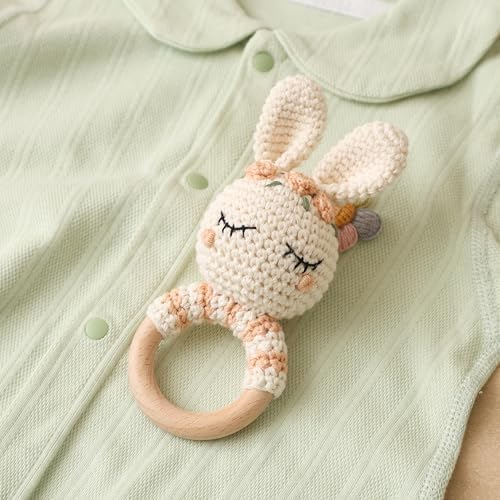 Natural Hand-Knit Wooden Baby Rattle - Soft Animal Shaped Sensory Toy for Newborns, Infants | Safe Beechwood & Crochet Texture | Perfect Baby Shower Gift - Image 3
