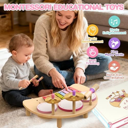 Kids Drum Set, Montessori Toys Wooden Musical Instruments for Baby Toddlers - Image 5